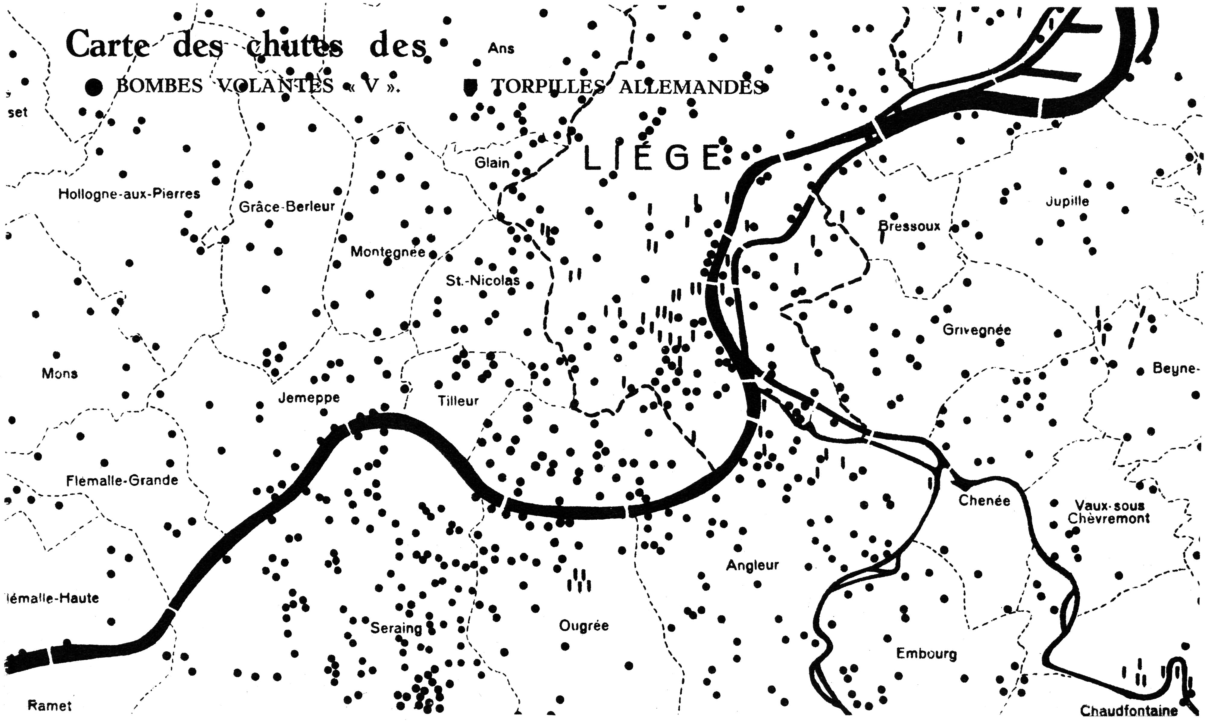 Carte des chutes des bombes volantes V et torpilles allemandes à Liège