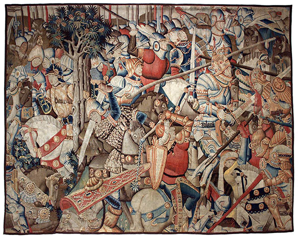 Roland tranche le bras droit de Marsille, roi de Saragosse - Tapisserie de Tournai. Dans cette oeuvre, l'épée Durandal fend littéralement en deux le roi Marsille.