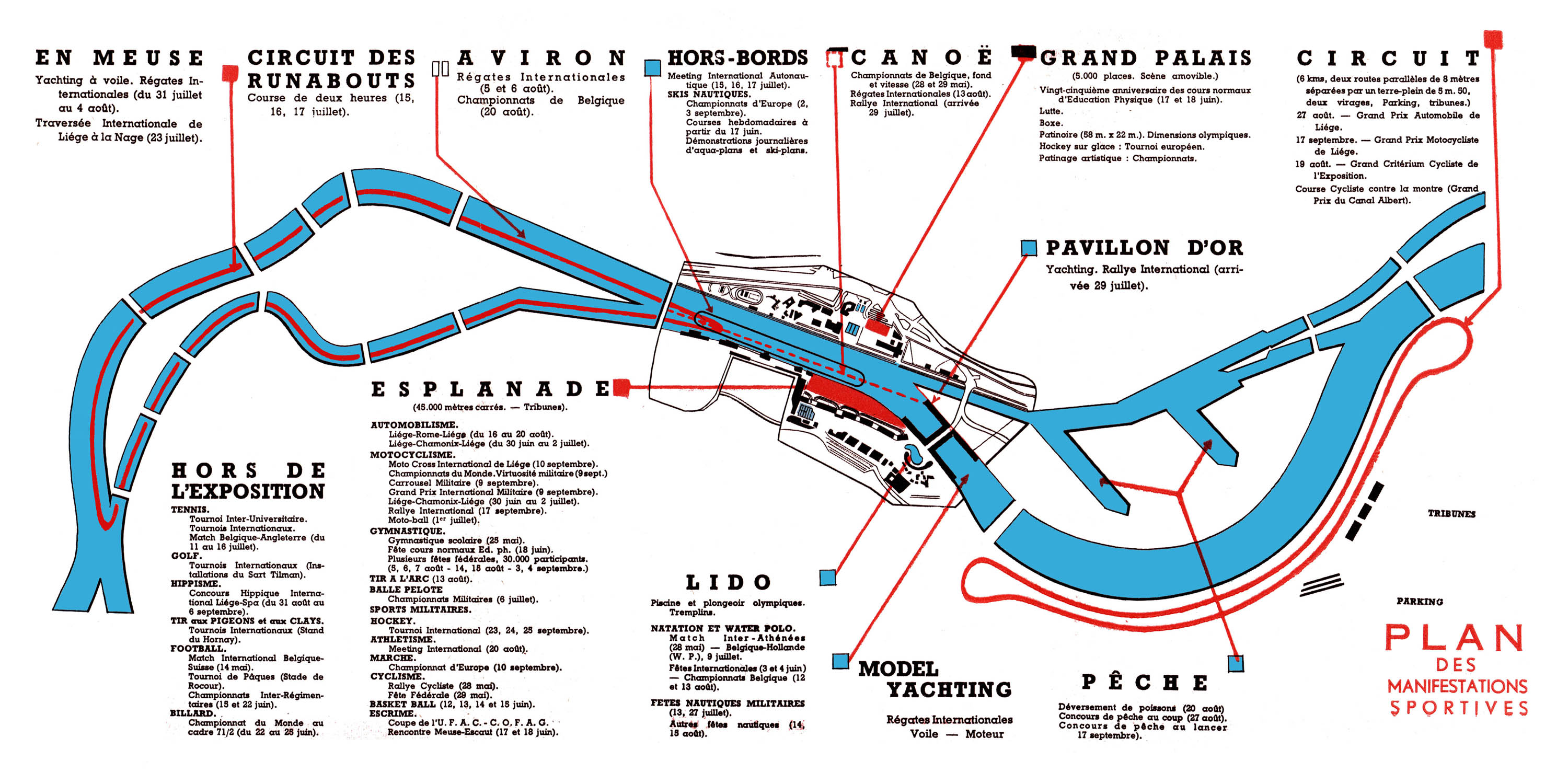 1939 Exposition de l'eau à Liège - Plan des manifestations sportives