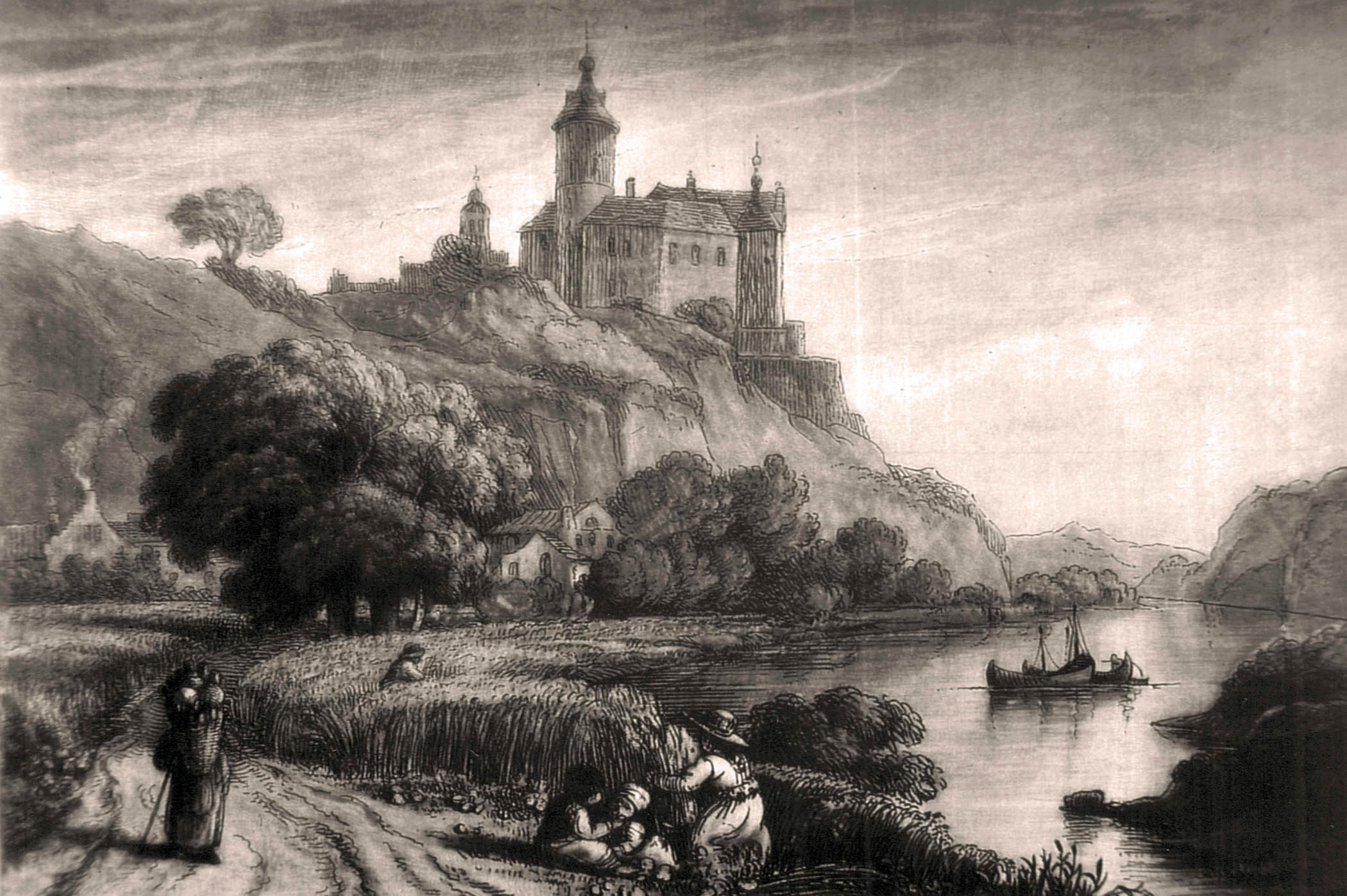 Chateau de Chokier en 1821 - Eau forte et manière noire  par G. ARNALD & S. REYNOLDS
