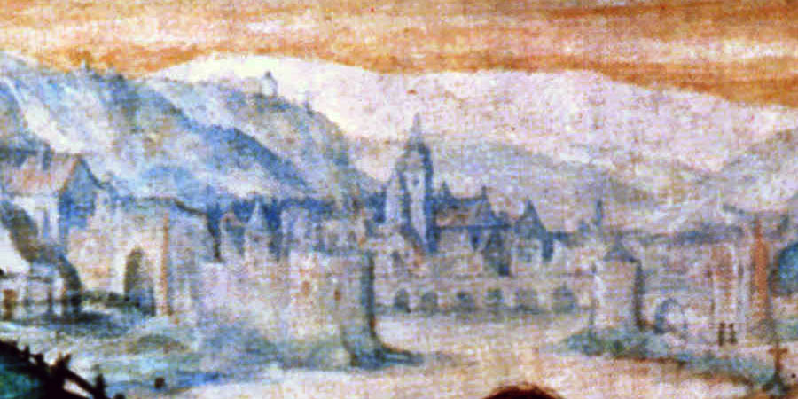 Détail de la miniature de Thomas van den Putte dit Puteanus, illustrant le missel calligraphié en 1565 par Robert Quercentius, chanoine de la collégiale Saint Jean sur ordre de Robert de Bergues en 1560.