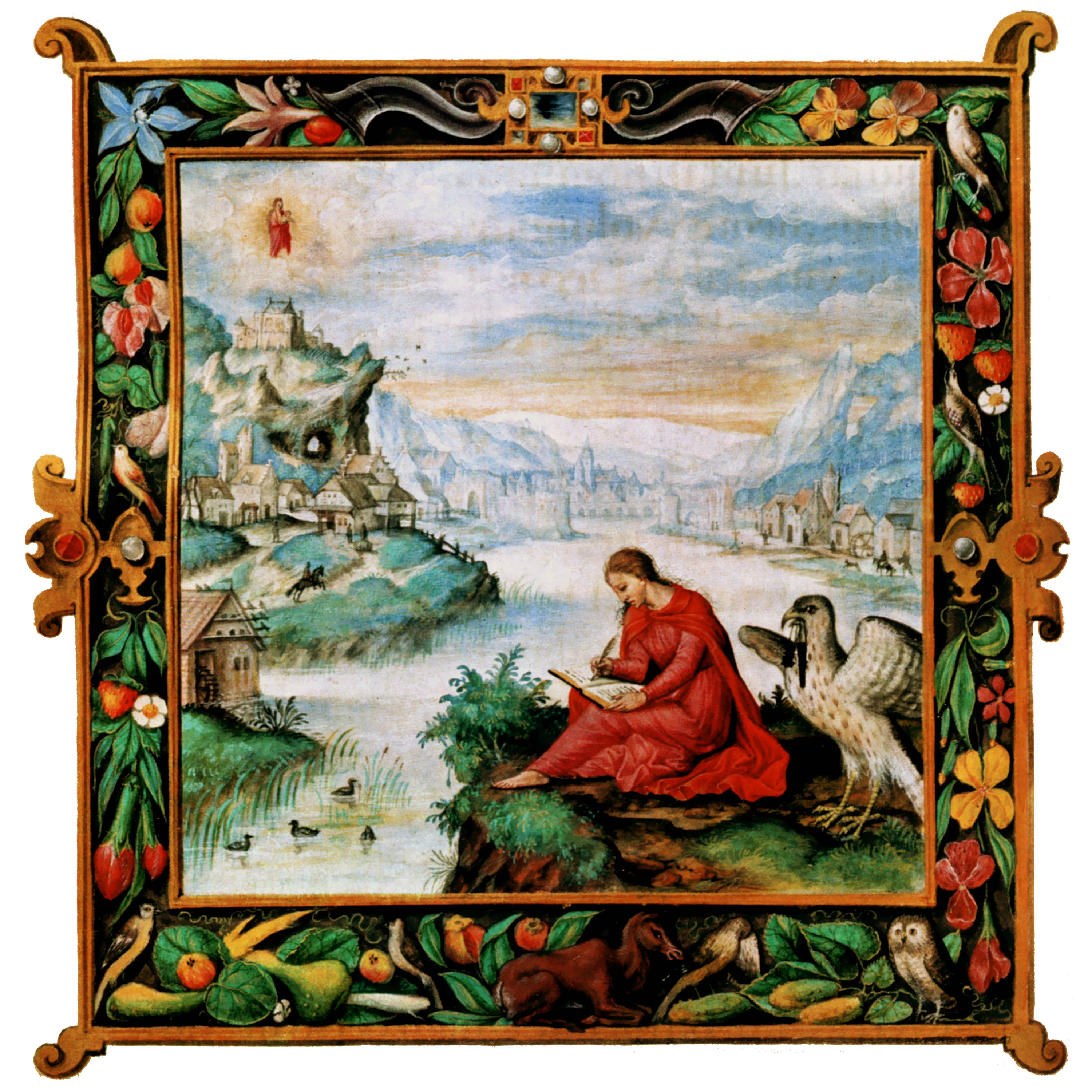 Miniature de Thomas vanden Putte dit Puteanus, illustrant le missel calligraphié en 1565 par Robert Quercentius, chanoine de la collégiale Saint Jean sur ordre de Robert de Bergues en 1560.