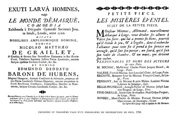 P 1 et 3 d'un Programme du Théâtre du Collège des Jésuites Wallons en Ile à Liège en 1760