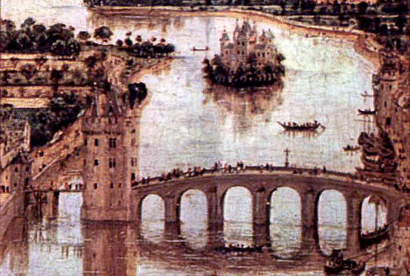 Vue aval du Pont des Arches à Liège dans La Vierge et le Chancelier Rolin de Jan van Eyck
