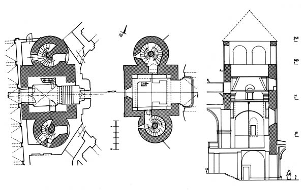 Plans des deux premiers niveaux et coupe est-ouest de l'avant-corps de la collégiale Saint Jean à Liège - GENICOT