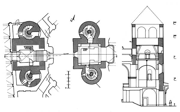 Plans des deux premiers niveaux et coupe est-ouest de l'avant-corps de la collégiale Saint Jean à Liège - GENICOT