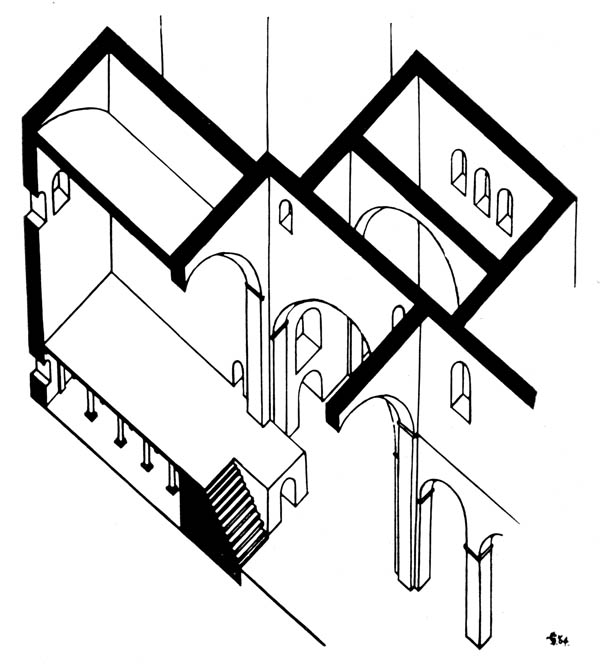 Fig. 18. - Coupe isométrique restituée des parties occidentales de l'édifice notgérien.