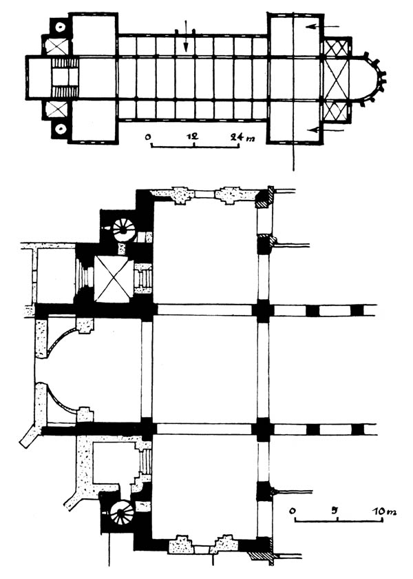 FIG. 6 - Plan d'ensemble et détail des parties occidentales de la Cathédrale de Verdun. (D'après E. Fels et M. Delangle)